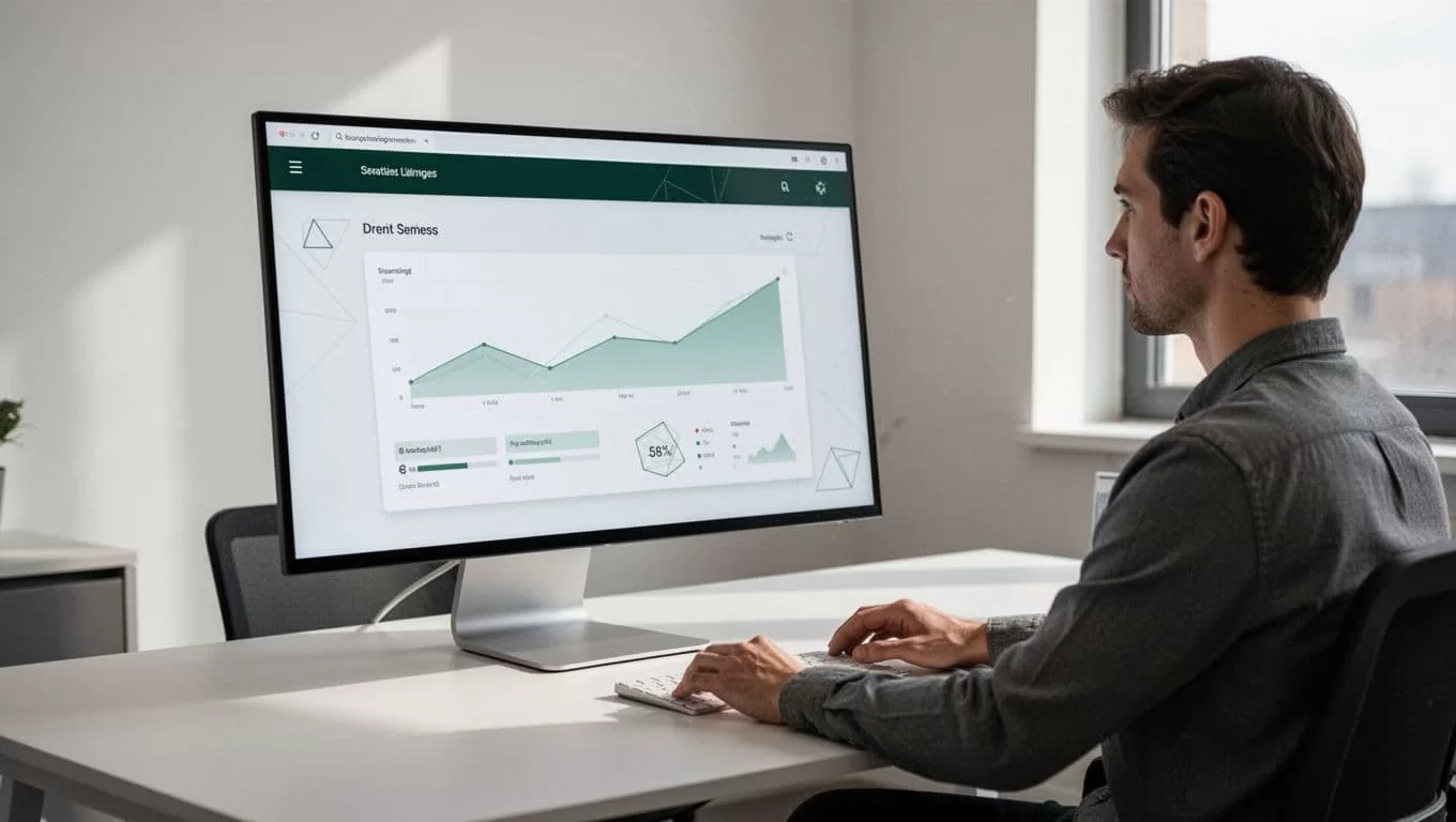 A professional looking at a clean software dashboard on a modern monitor with a dark green accent bar.