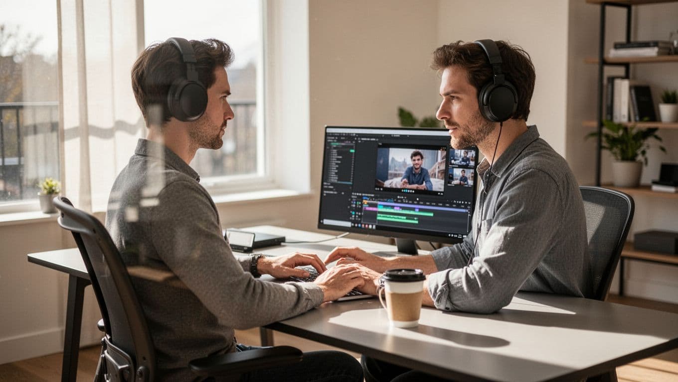 A focused professional edits video footage on a sleek laptop within a bright office space. A bold dark-green header bar displaying white bold text spans the upper portion of the frame.