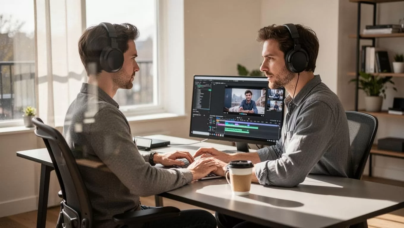 A focused professional edits video footage on a sleek laptop within a bright office space. A bold dark-green header bar displaying white bold text spans the upper portion of the frame.