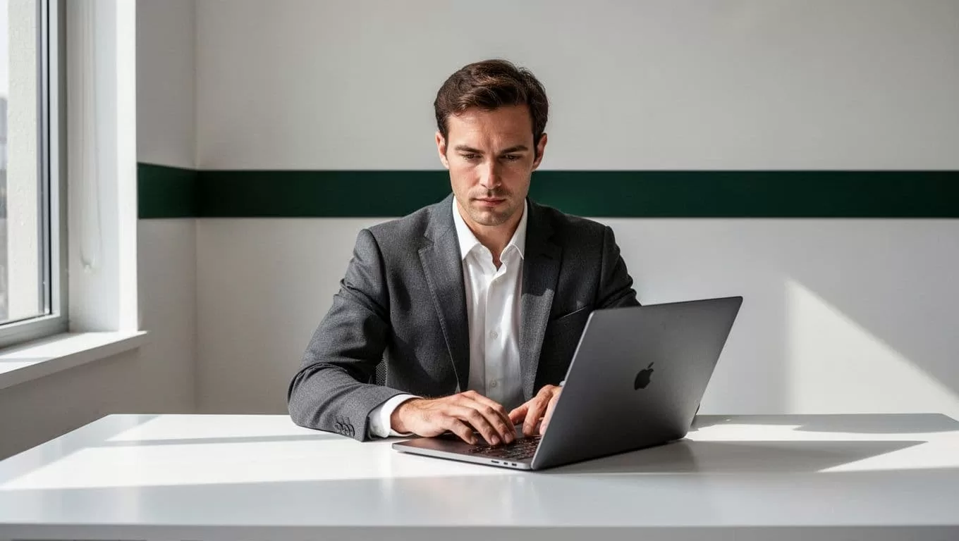 A focused professional works on a sleek laptop at a minimalist desk. The scene features a dark green horizontal accent bar at the top containing white text regarding content brainstorming sessions.