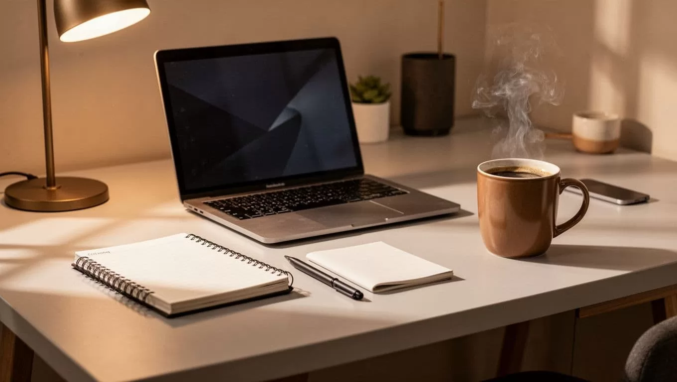 A minimalist wooden desk holds an open silver laptop beside a leather-bound notebook and a steaming ceramic mug. Warm golden light fills the clean, organized room to inspire creative team brainstorming.