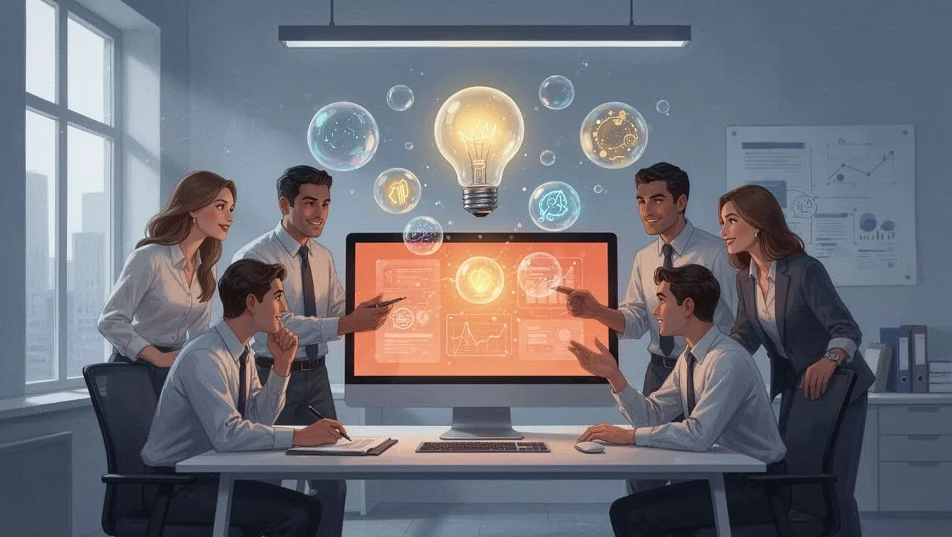Stylized speech bubbles and glowing lightbulbs float above a simplified workspace interface. The composition uses vibrant orange and cool blue tones to highlight a collaborative creative process during team ideation.