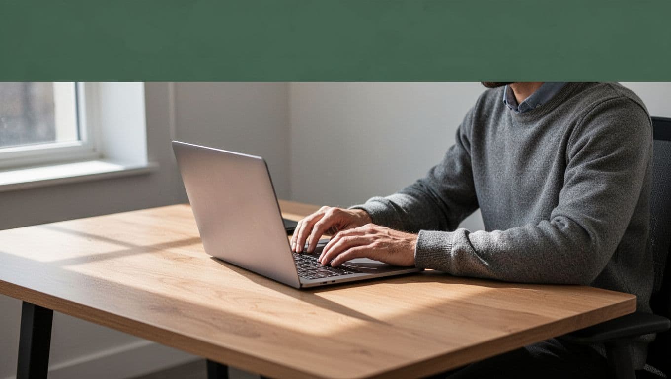 A focused individual sits at a minimalist wooden desk using a laptop for creative projects. A prominent dark-green horizontal banner at the top features bold white Social Clips brand lettering.