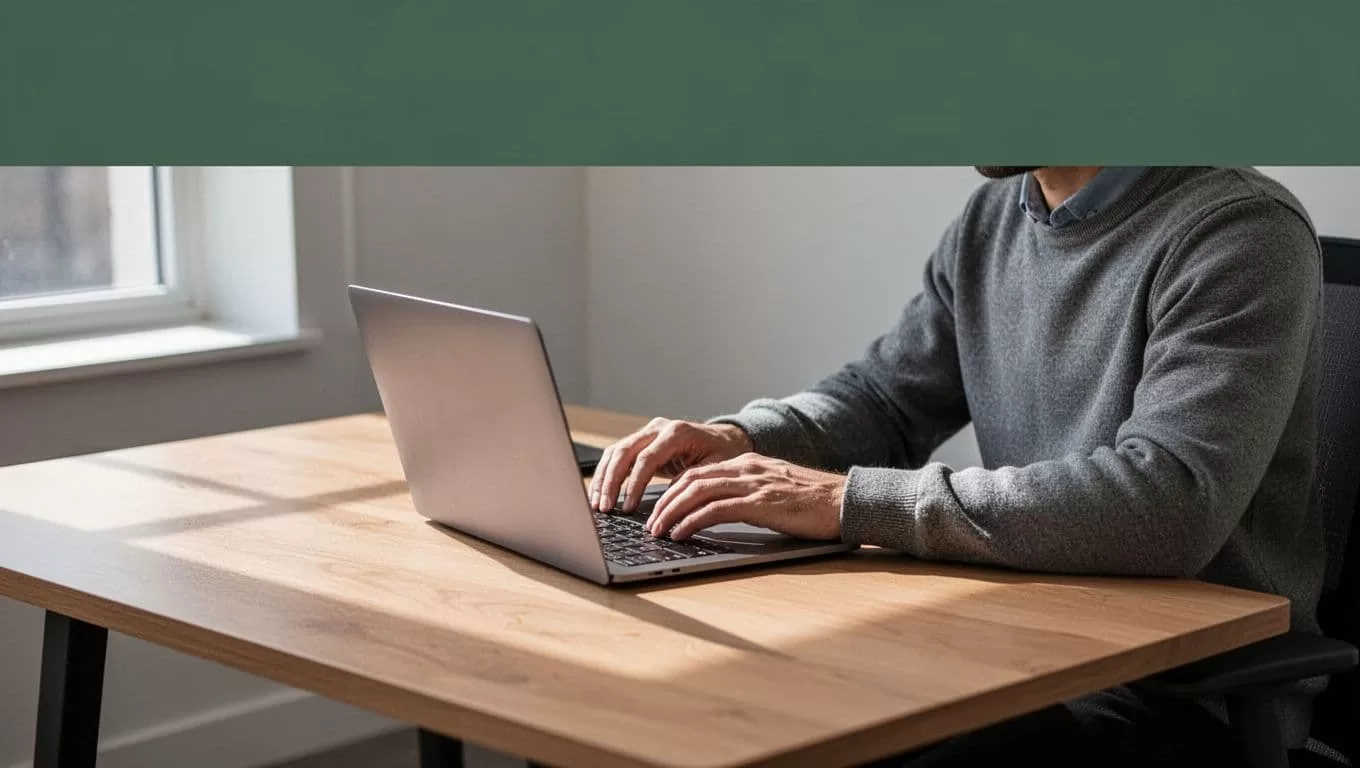 A focused individual sits at a minimalist wooden desk using a laptop for creative projects. A prominent dark-green horizontal banner at the top features bold white Social Clips brand lettering.