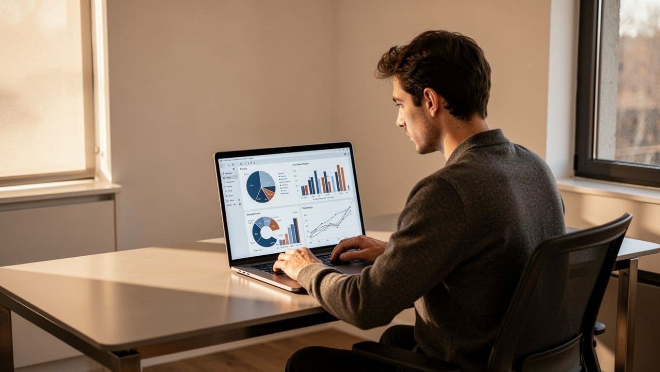A focused creator sits at a minimalist desk viewing complex business metrics on a laptop screen. The warm lighting highlights the clean workspace layout and the professional dashboard interface displayed.