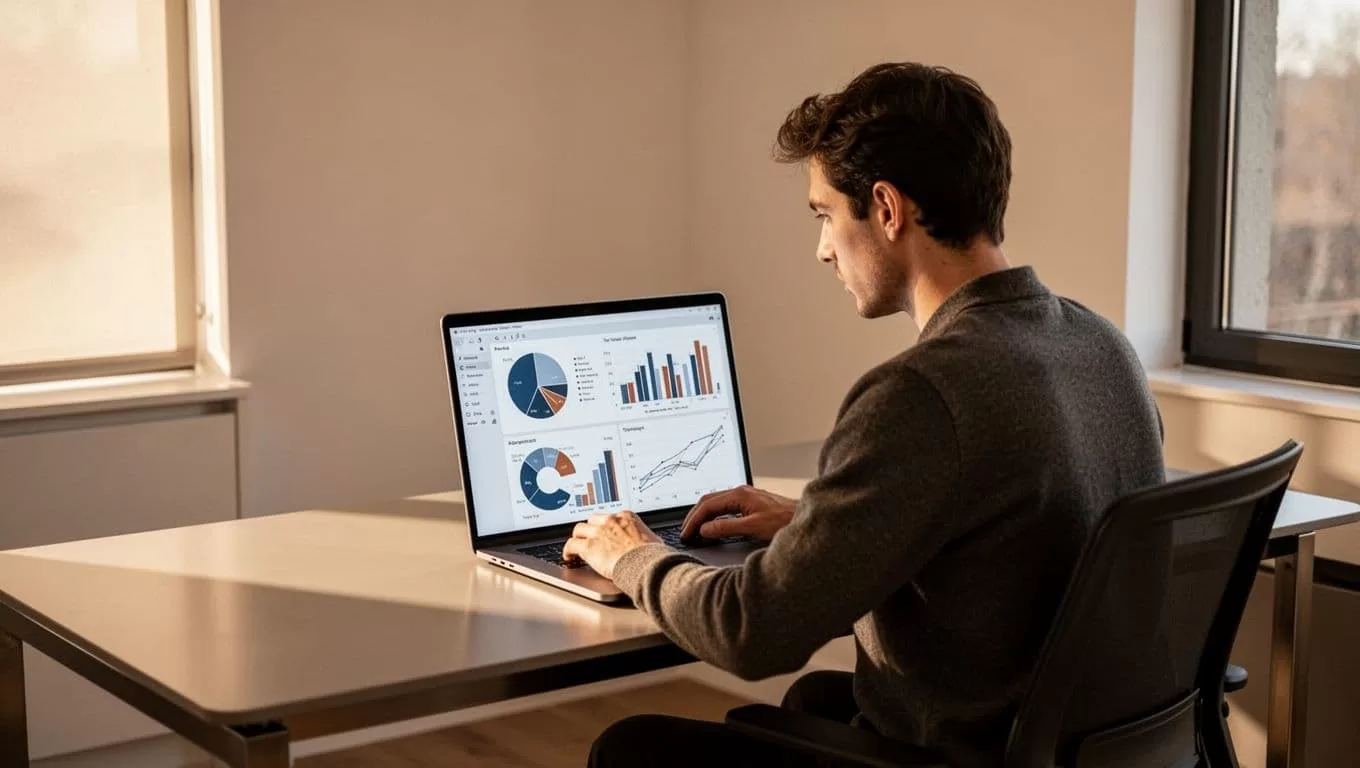 A focused creator sits at a minimalist desk viewing complex business metrics on a laptop screen. The warm lighting highlights the clean workspace layout and the professional dashboard interface displayed.