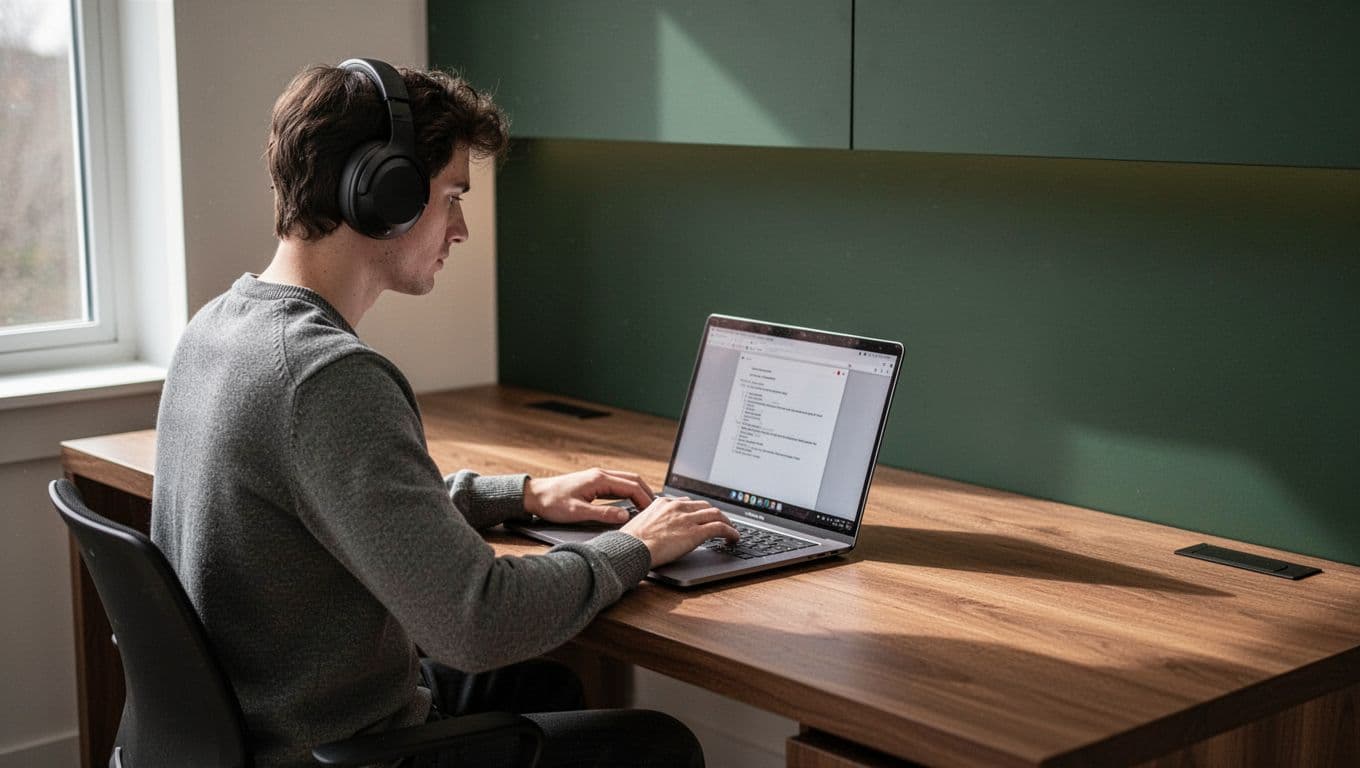 A lone creator at a wooden desk with a laptop and headphones under a dark green headline.
