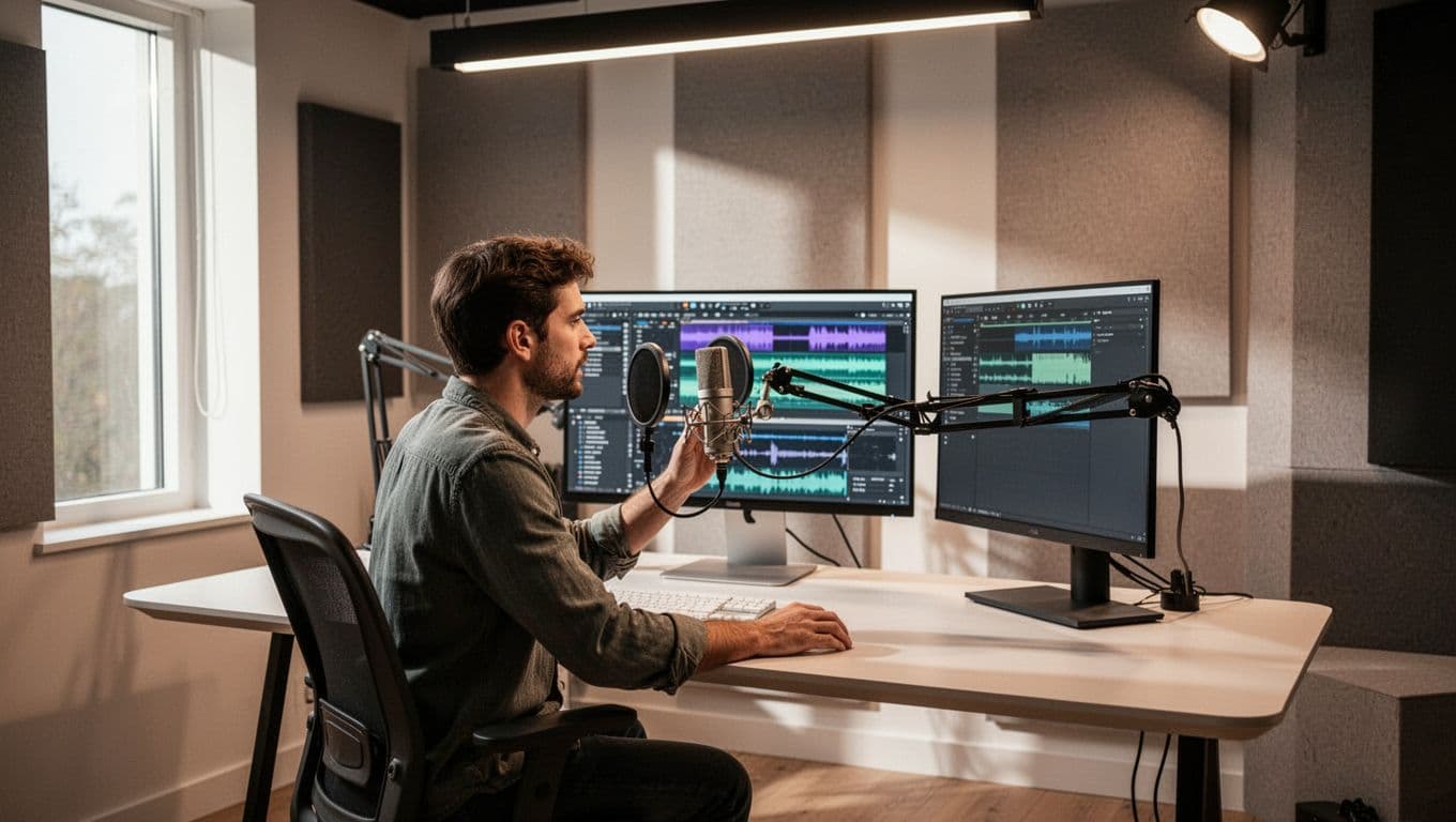 A creator at a modern desk with a microphone and computer monitor.