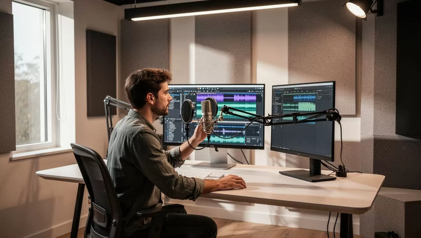 A creator at a modern desk with a microphone and computer monitor.