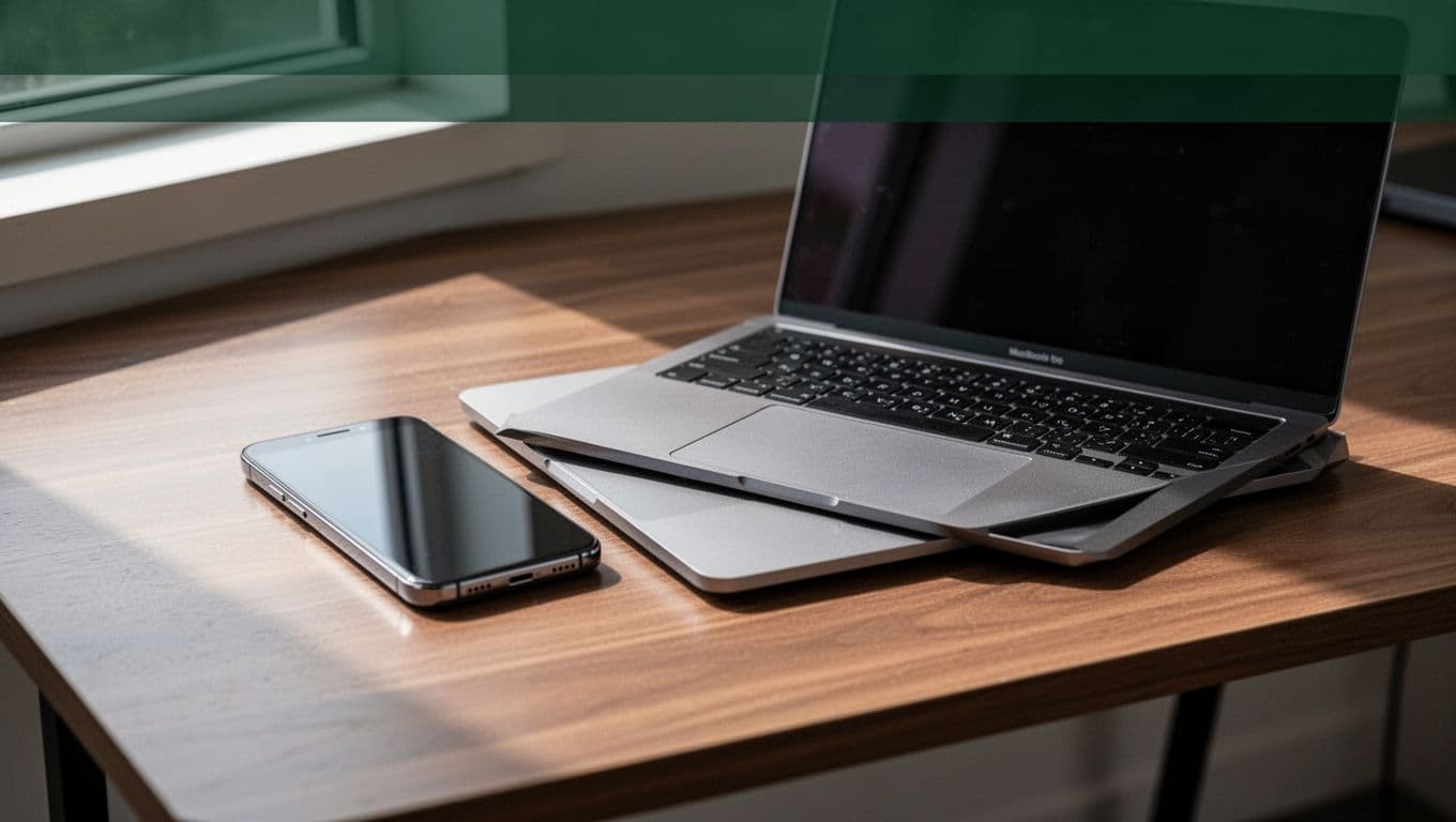 A smartphone and laptop sitting on a clean desk with a green header text banner above.