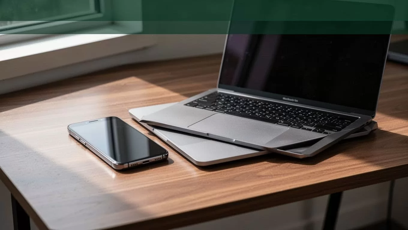 A smartphone and laptop sitting on a clean desk with a green header text banner above.