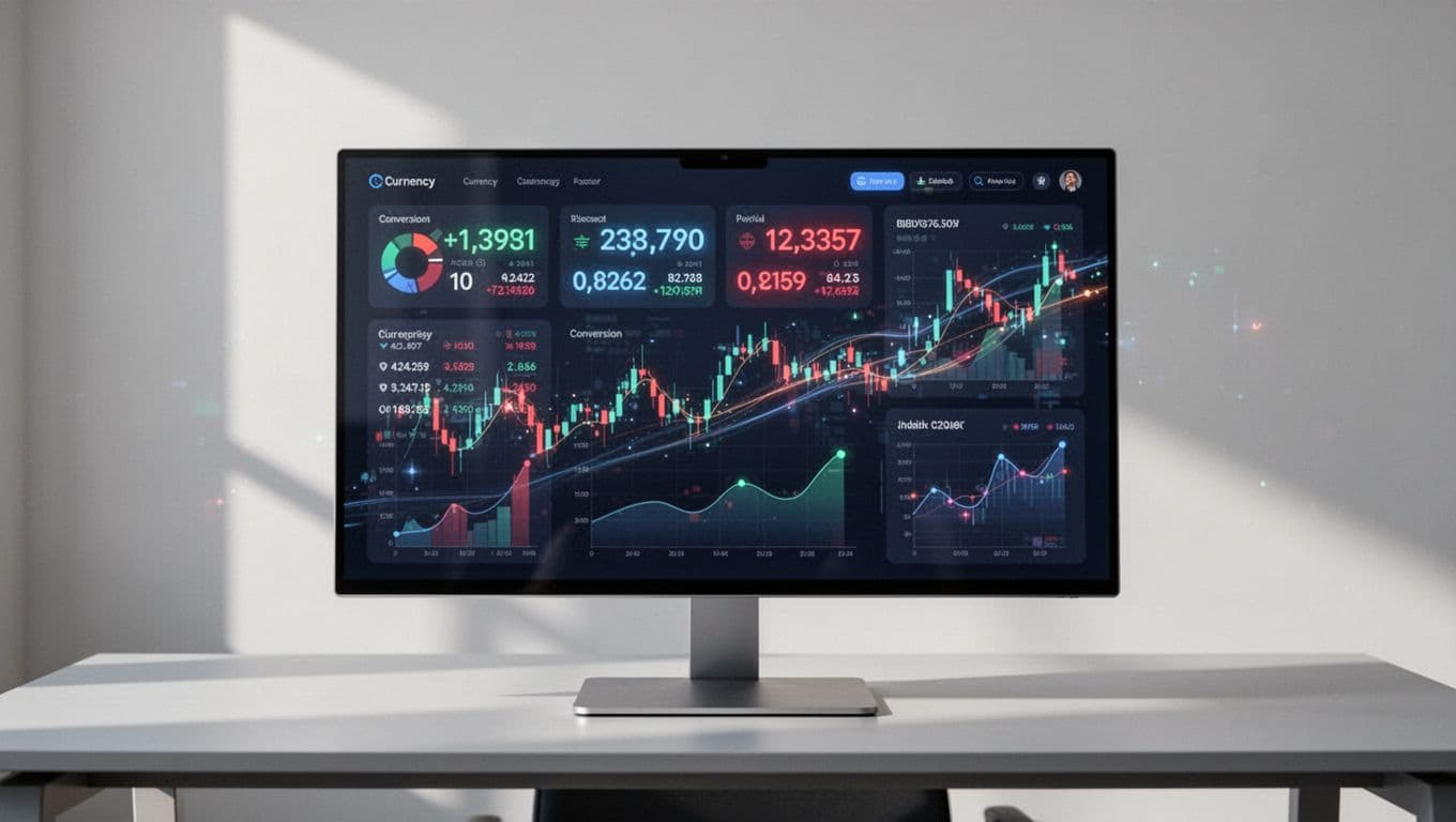 A clean monitor showing live currency exchange rates in a minimalist office setting.