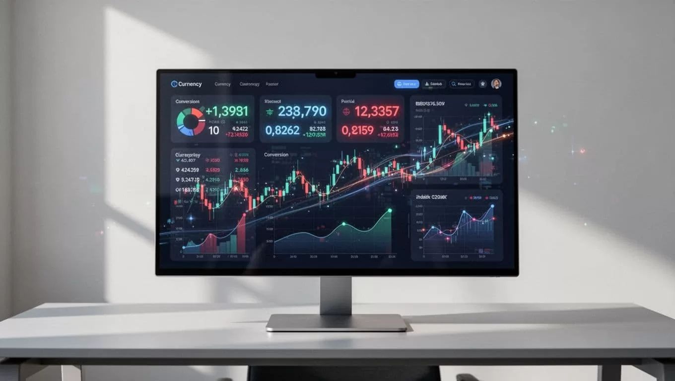 A clean monitor showing live currency exchange rates in a minimalist office setting.