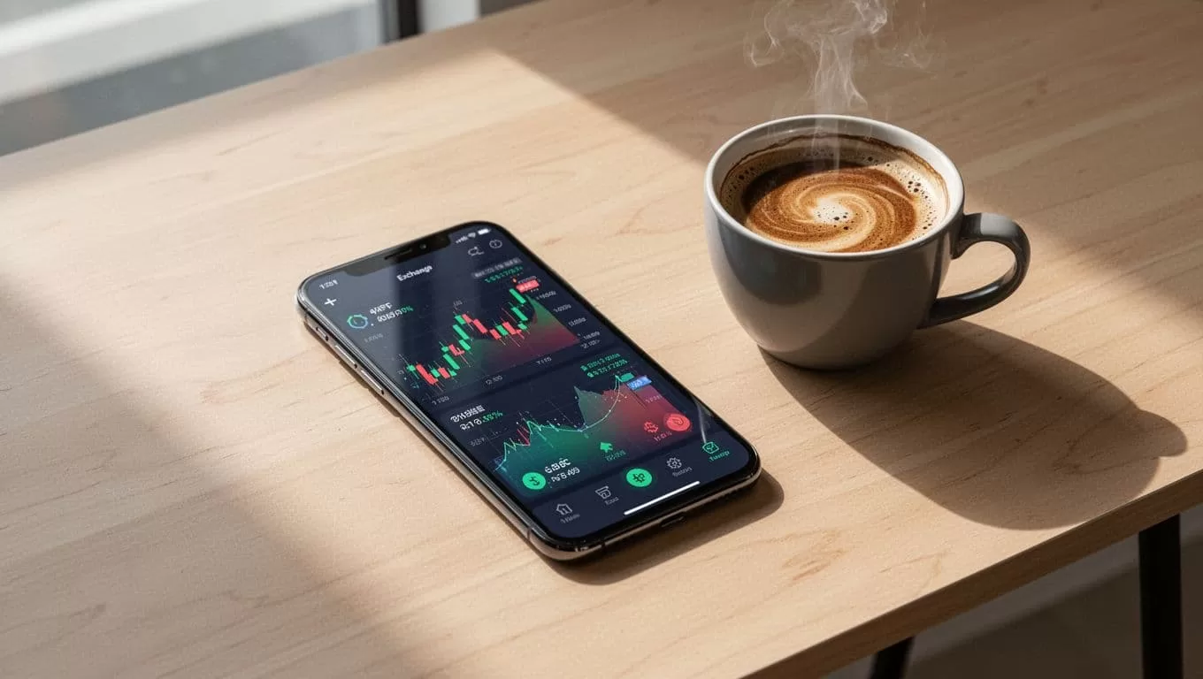 A smartphone showing a currency exchange app on a wooden desk next to coffee.