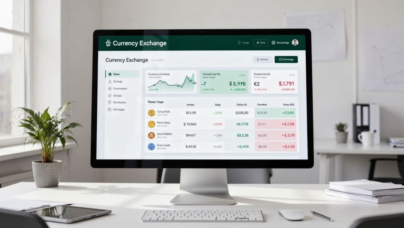 A computer monitor displaying a currency exchange dashboard in a bright minimal office.