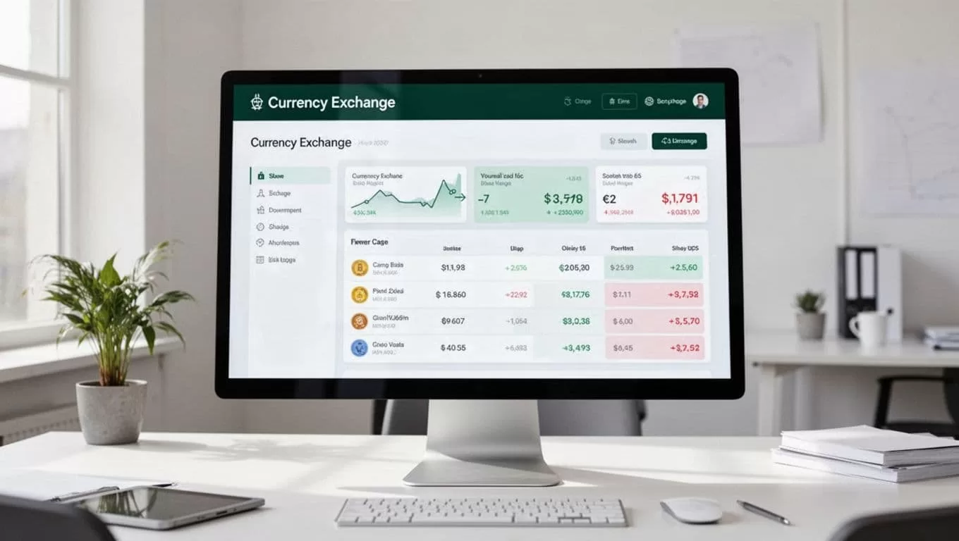 A computer monitor displaying a currency exchange dashboard in a bright minimal office.