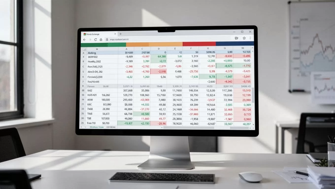 A computer screen showing currency exchange calculations with bold editorial headlines on a clean desk.