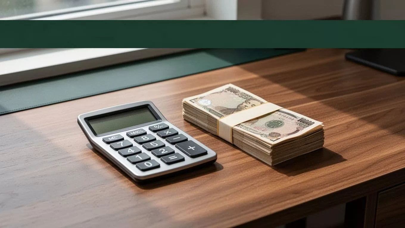 A calculator and stack of notes sit on a wooden desktop under a green headline banner.