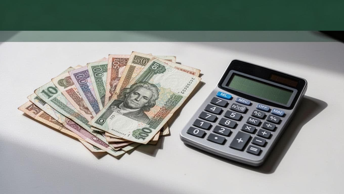 Foreign banknotes and a calculator arranged on a desk under a green banner.