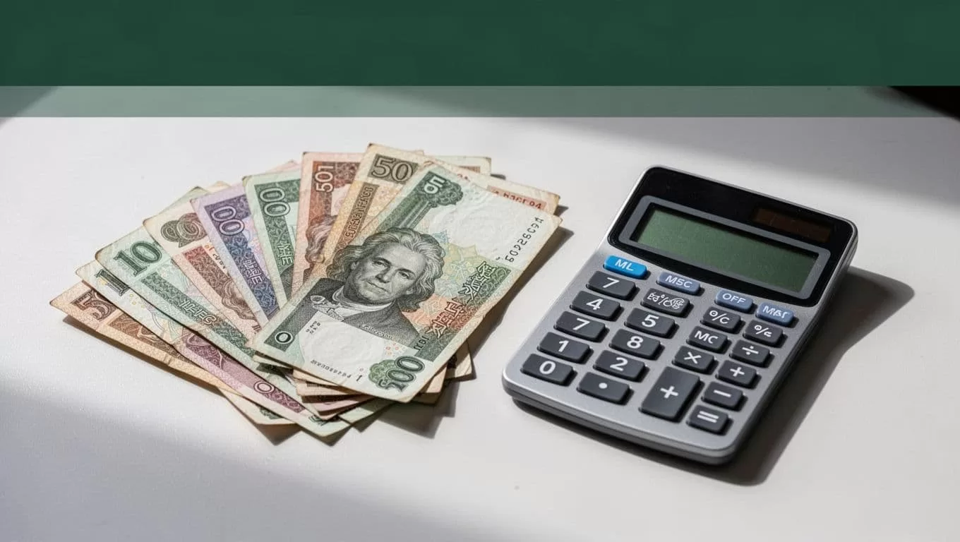 Foreign banknotes and a calculator arranged on a desk under a green banner.