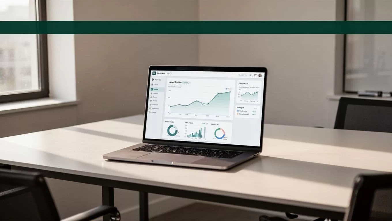 An open laptop on a desk showing a metrics dashboard beneath a green headline band.
