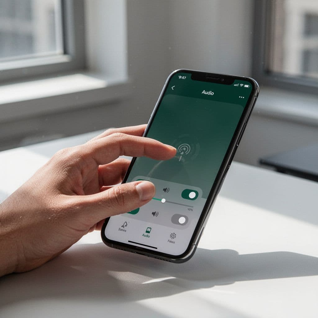 A person uses a smartphone to adjust audio settings for a language learning application.