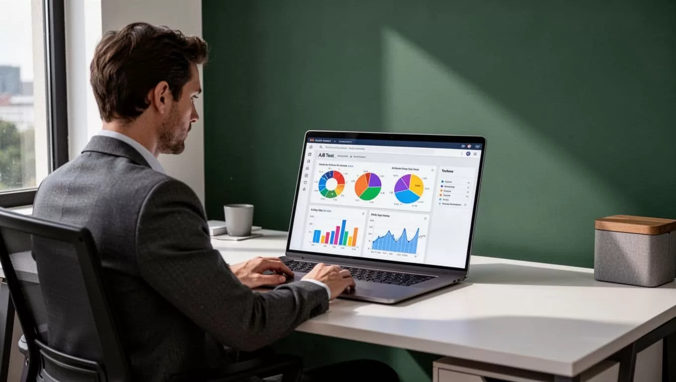 A focused professional sits at a clean wooden desk viewing a detailed A/B testing dashboard on a laptop screen. Above the display, a bold dark-green header reads Test Insights.