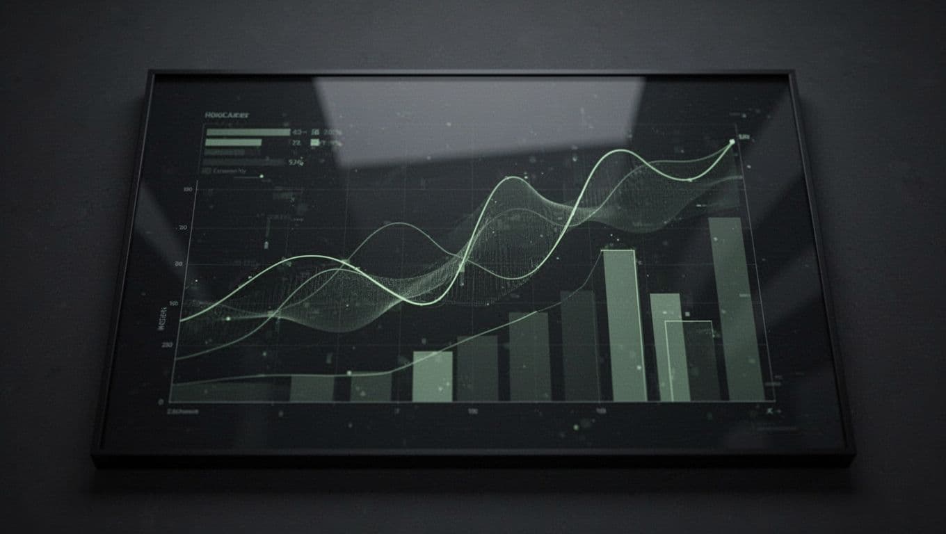 Floating glowing charts and geometric data visualizations illuminate a dark screen background. Muted forest green lines create a structured grid, representing intricate analytics patterns in a sleek, cinematic workspace environment.