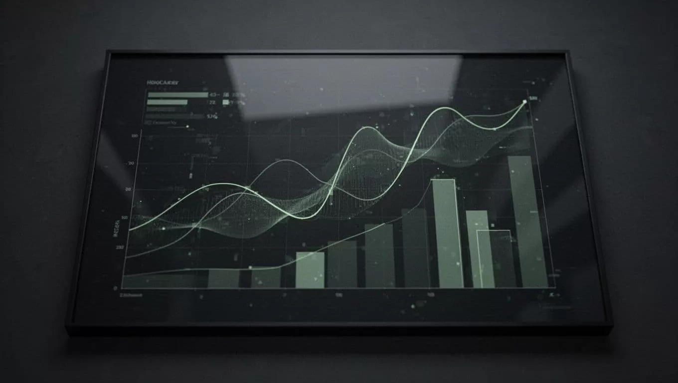 Floating glowing charts and geometric data visualizations illuminate a dark screen background. Muted forest green lines create a structured grid, representing intricate analytics patterns in a sleek, cinematic workspace environment.