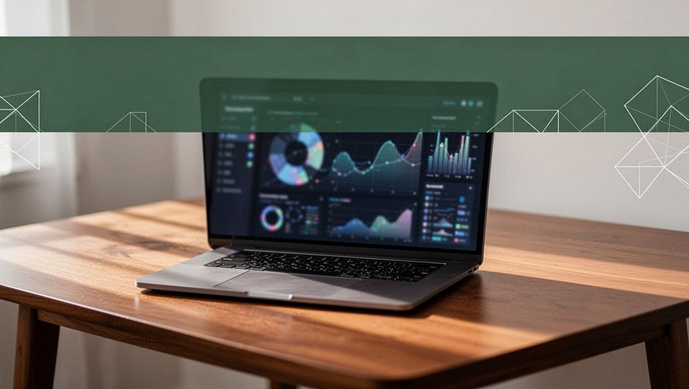 A laptop on a wooden desk displays abstract data metrics with a dark green headline banner.