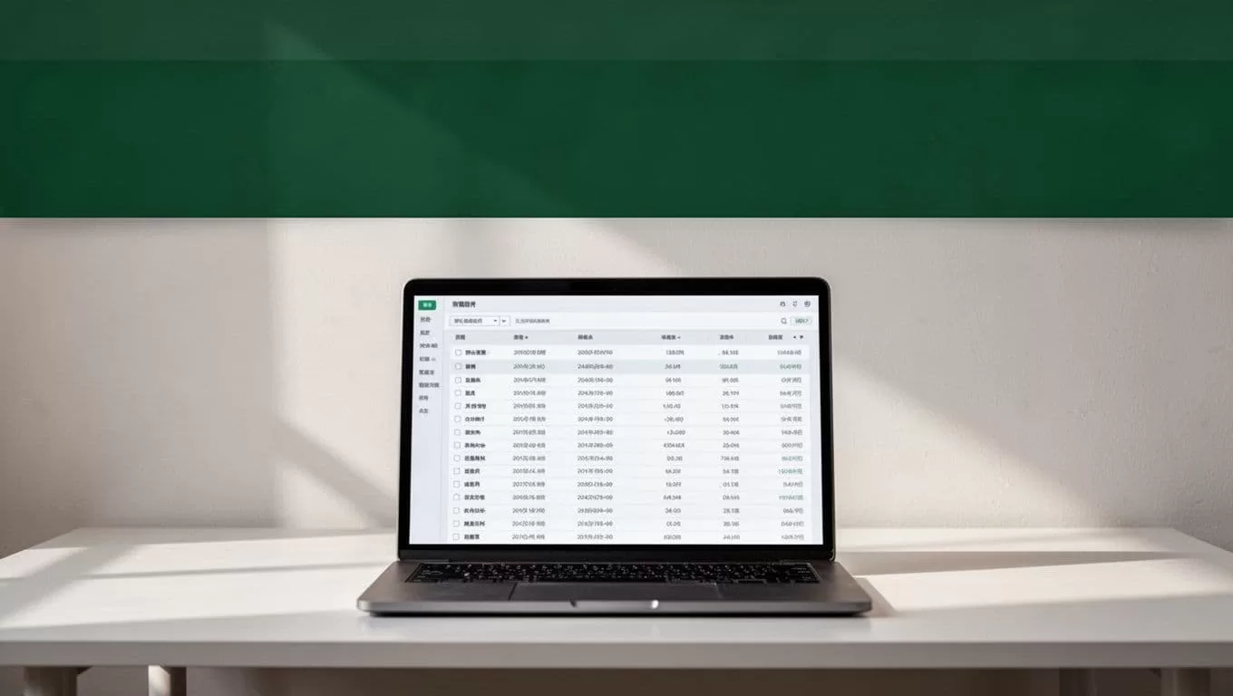 A desk with one laptop showing spreadsheet rows beneath a green Data Lists banner.