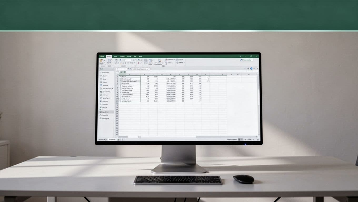 A desk with a monitor showing a spreadsheet beneath a dark green data pipeline headline.