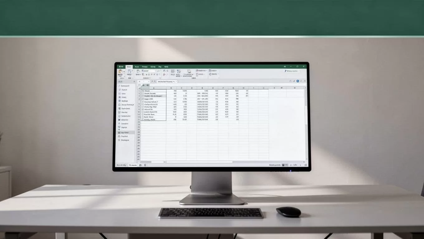 A desk with a monitor showing a spreadsheet beneath a dark green data pipeline headline.