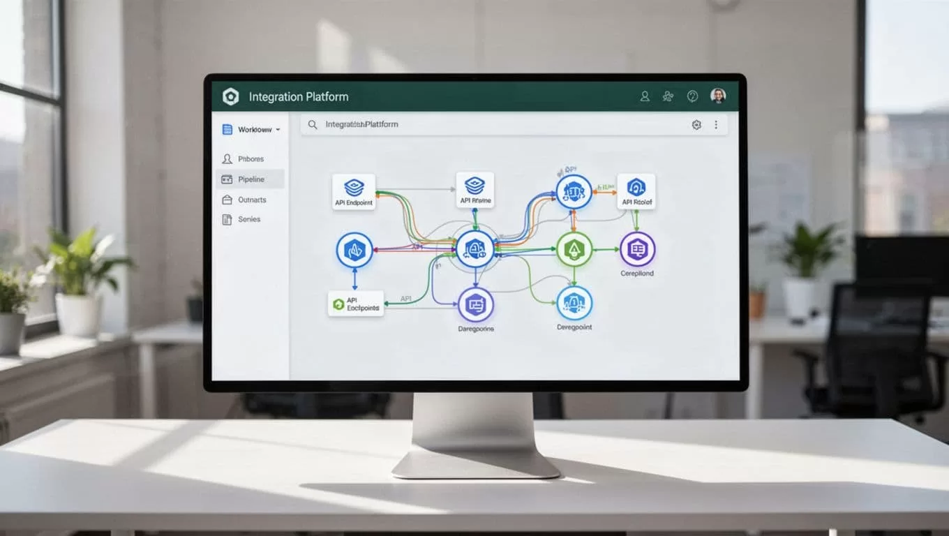 An interface displaying software workflow connectors and API endpoints beneath a dark green headline band.