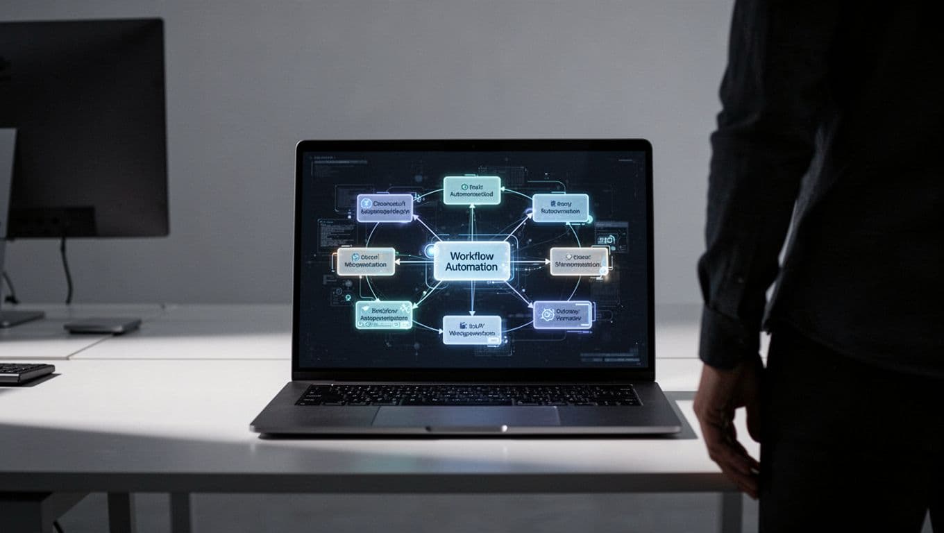 A laptop shows connected workflow nodes in a modern workspace with one silhouetted person.