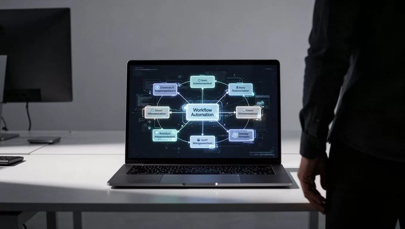 A laptop shows connected workflow nodes in a modern workspace with one silhouetted person.