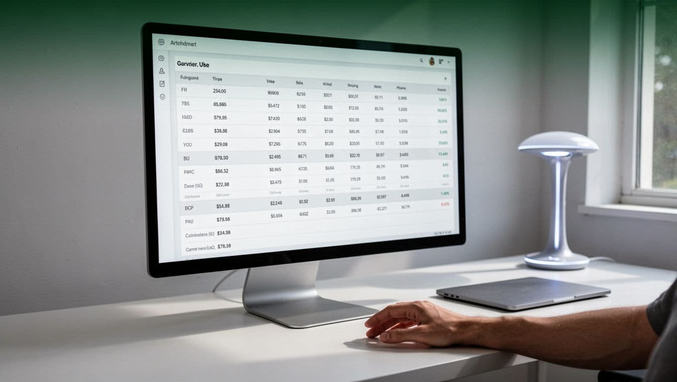A computer screen showing structured data tables on a minimalist desk.