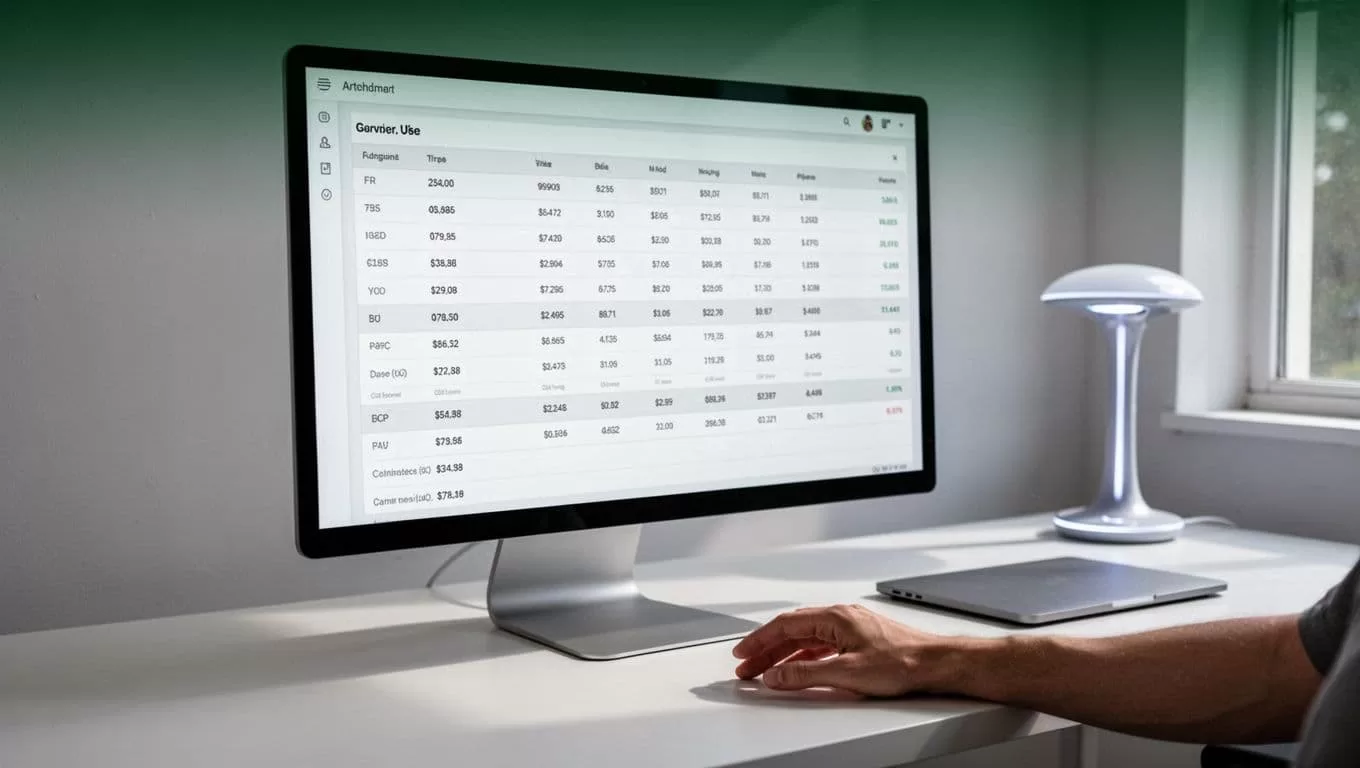 A computer screen showing structured data tables on a minimalist desk.