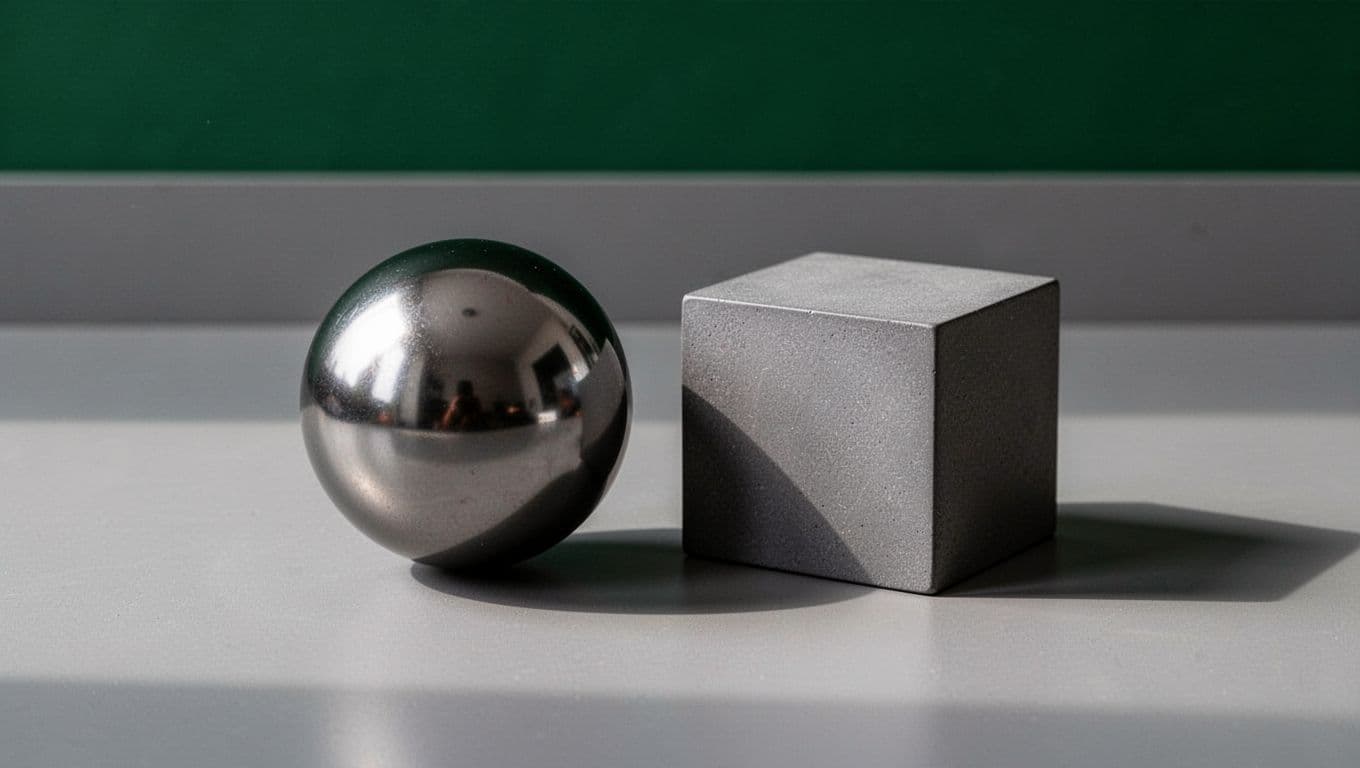 A dark green horizontal header with white Data Strategy text sits above a minimalist gray surface. A smooth sphere and a solid cube rest together in sharp, high-contrast studio lighting.