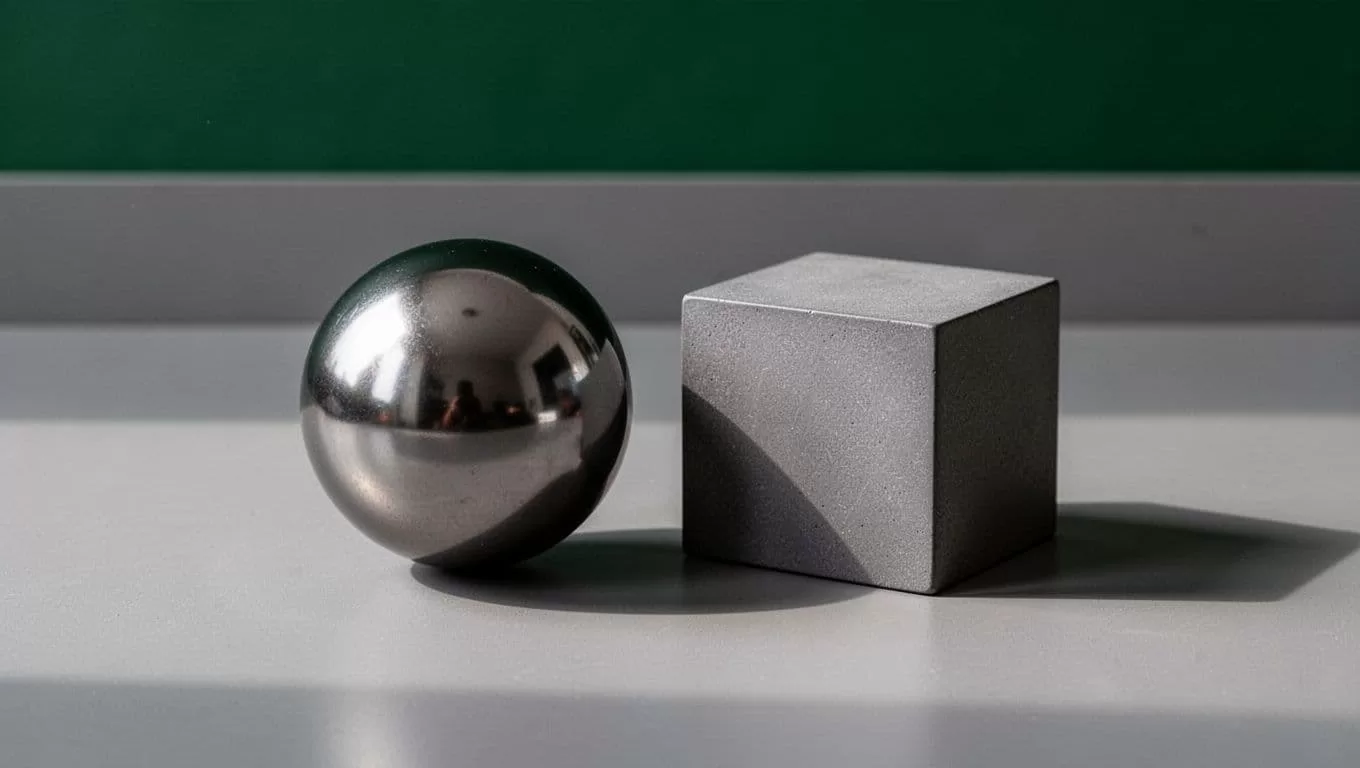 A dark green horizontal header with white Data Strategy text sits above a minimalist gray surface. A smooth sphere and a solid cube rest together in sharp, high-contrast studio lighting.