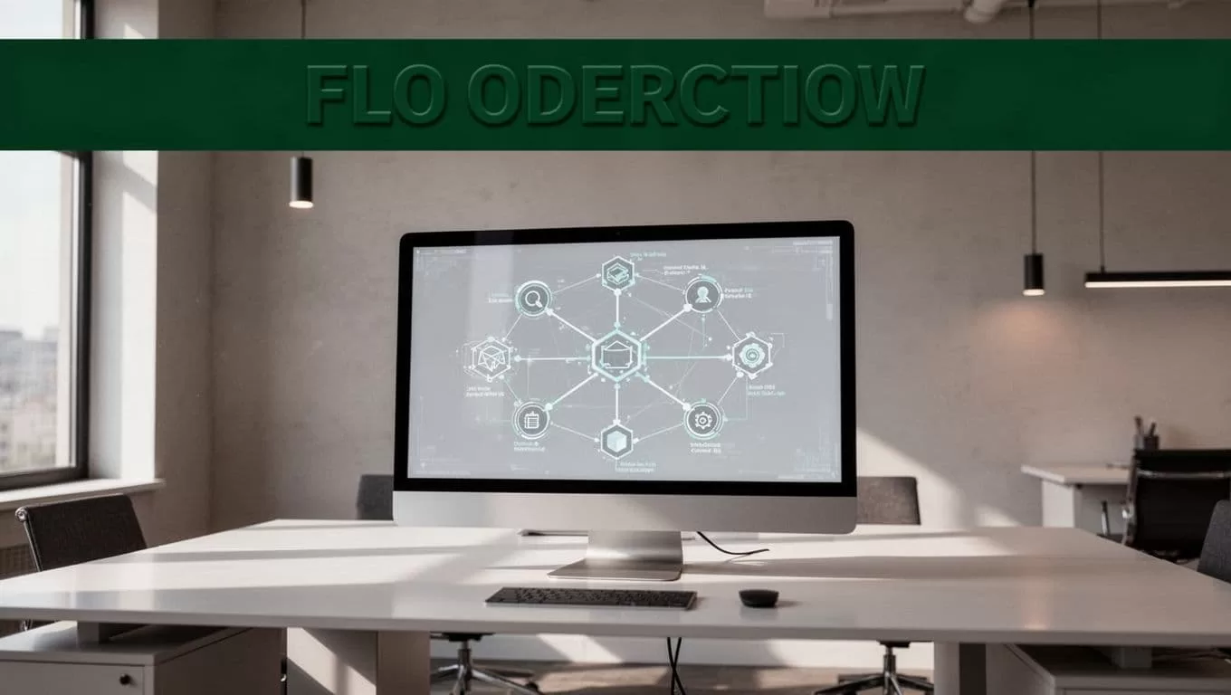 A computer monitor displaying a research workflow diagram under a bold green headline band in an office.