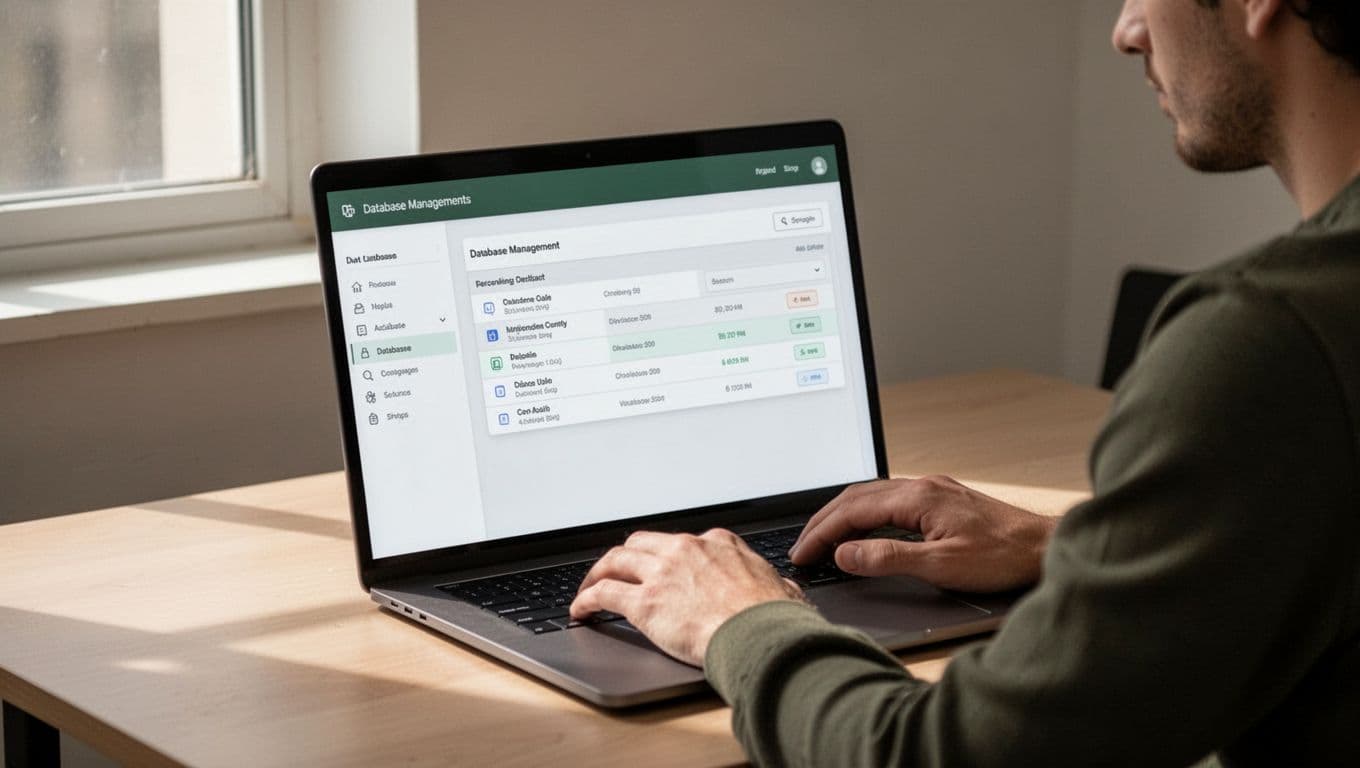 A laptop screen displaying a database management dashboard with a green headline.
