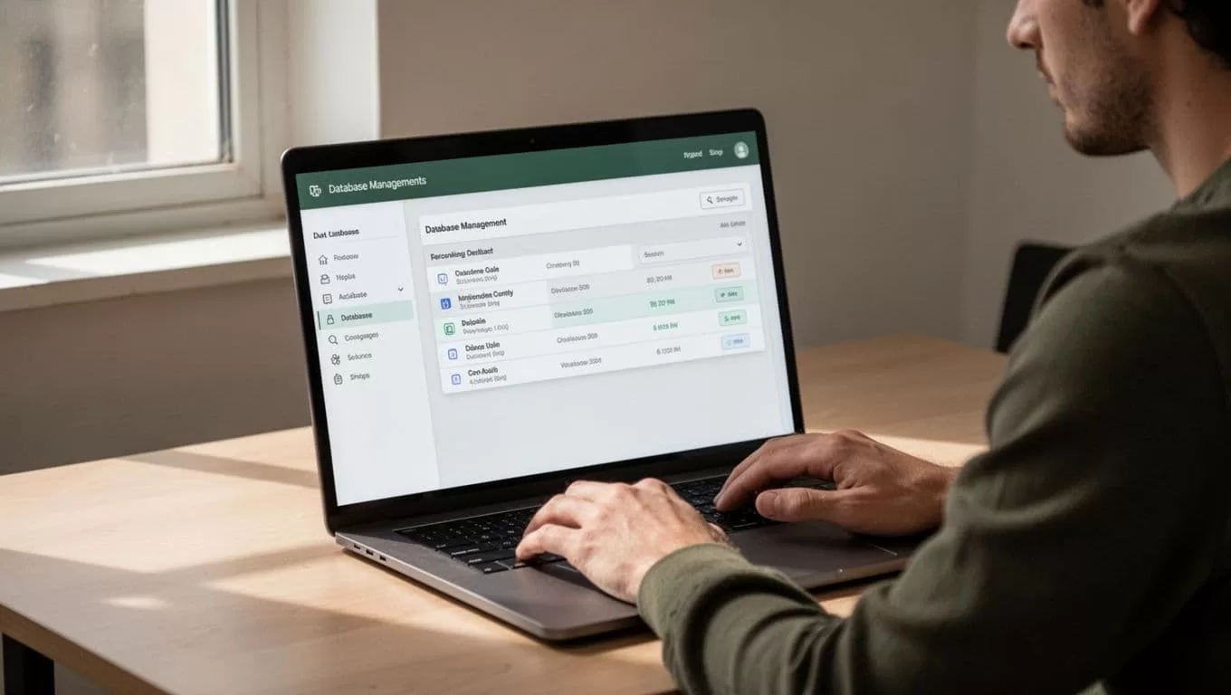 A laptop screen displaying a database management dashboard with a green headline.