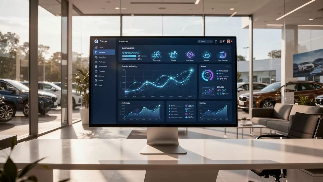 Monitor showing a workflow automation dashboard in a bright car dealership office.