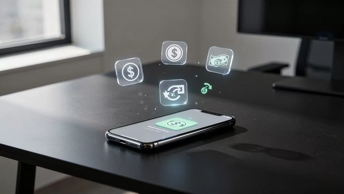 Digital transfer icons and one smartphone on a dark desk beneath a green headline band.