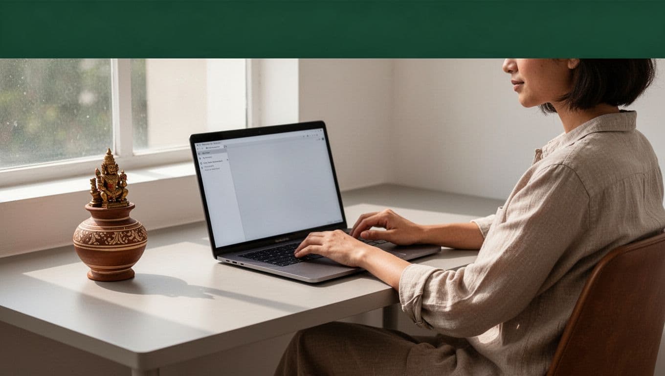 Minimalist desk with a laptop and a Sri Lankan artifact under a dark green header band.