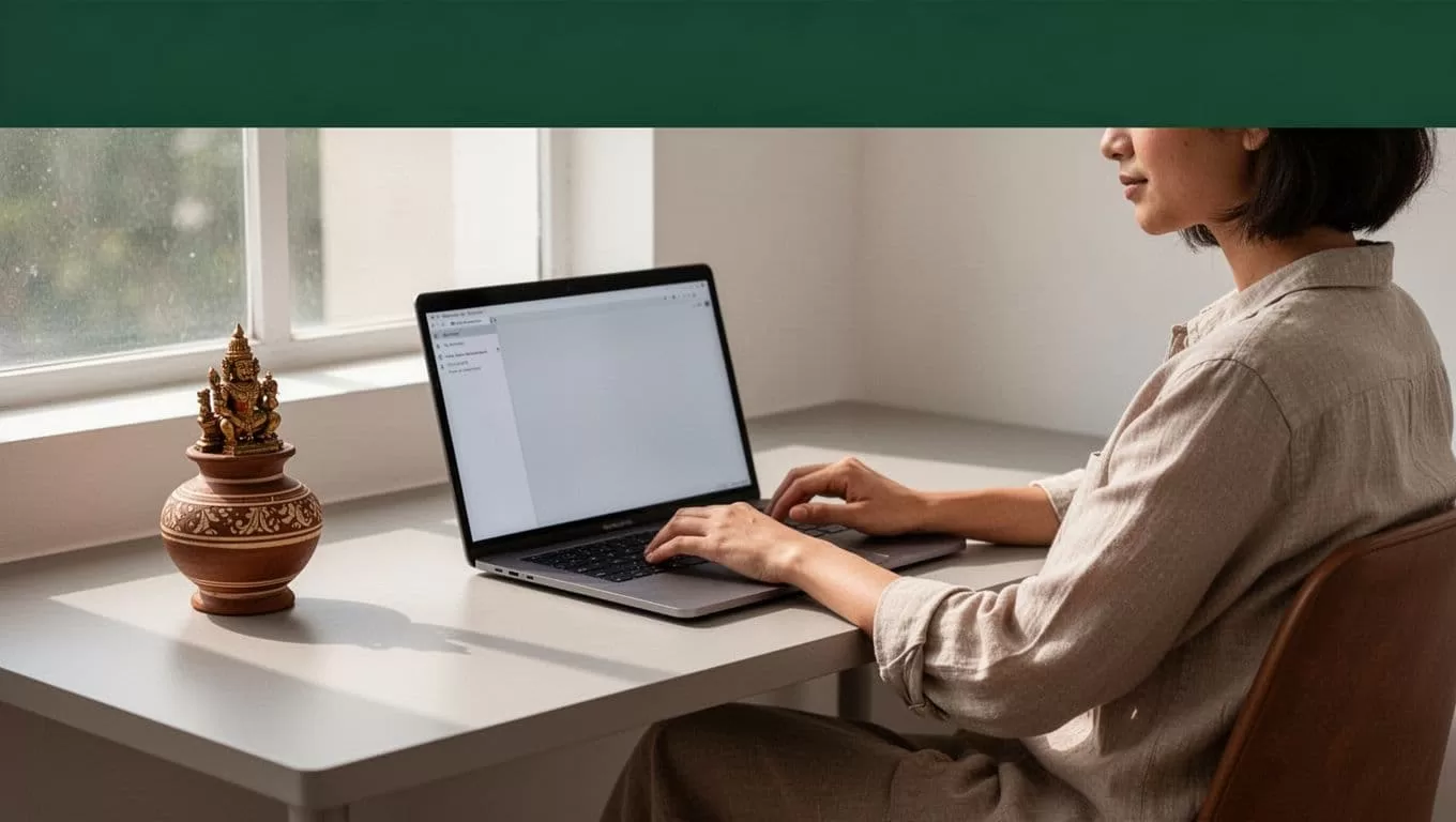 Minimalist desk with a laptop and a Sri Lankan artifact under a dark green header band.
