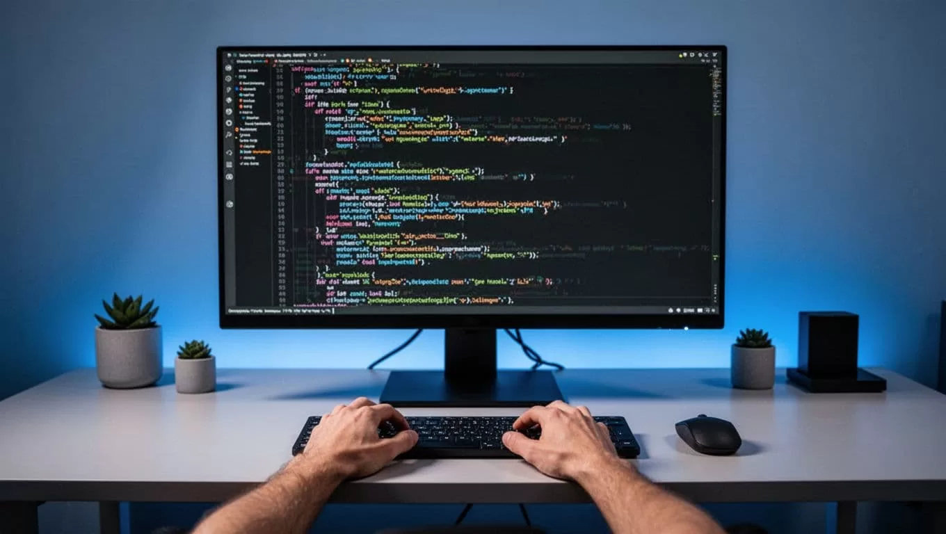 A computer monitor shows programming code under soft blue lighting on a desk.