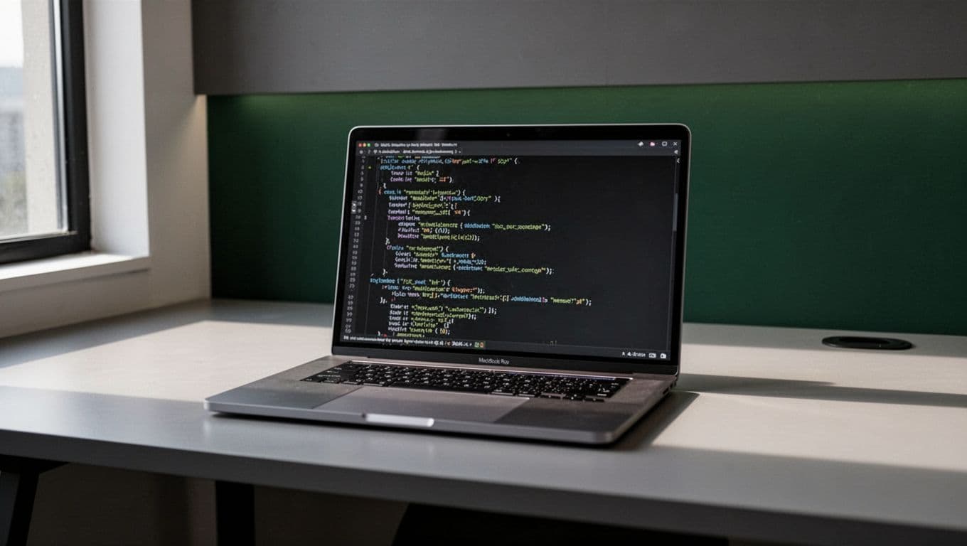 A laptop displaying code on a clean modern desk with a dark green top accent banner.