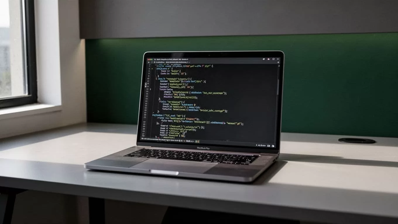 A laptop displaying code on a clean modern desk with a dark green top accent banner.